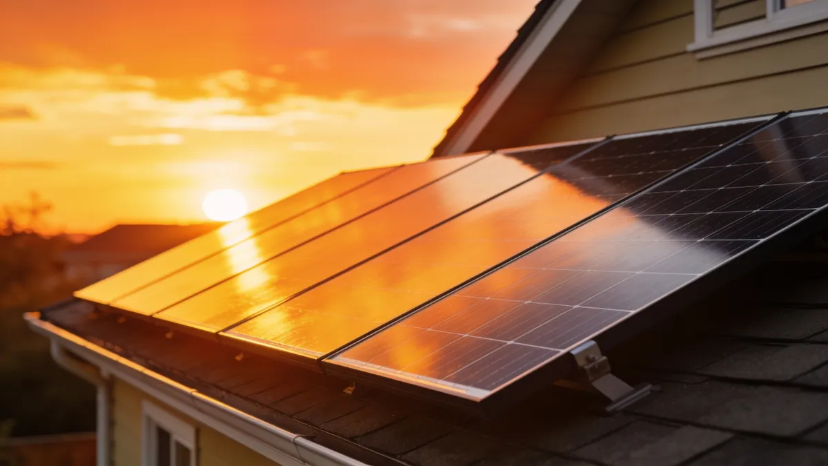Panneaux solaires sur le toit d’une maison au soleil couchant, exemple de pose à Montfa